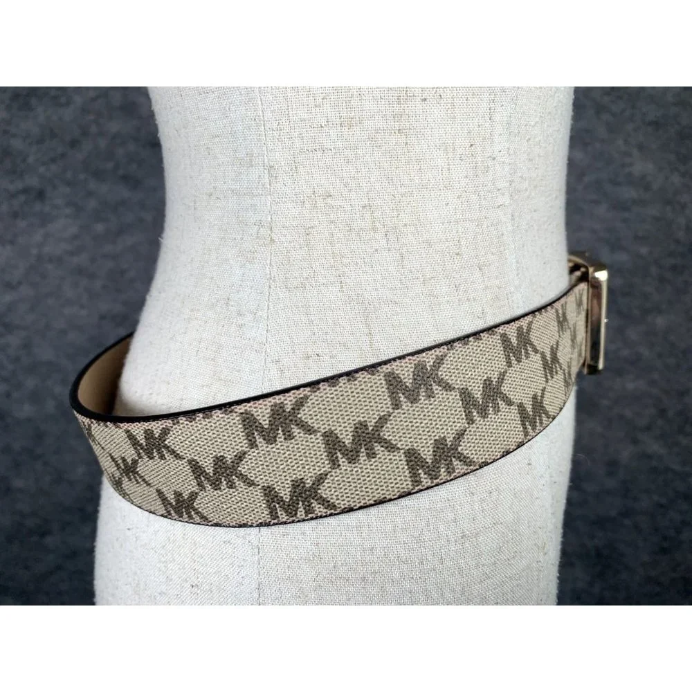 Michael Kors Signature Belt Medium Ivory Brown Logo Gold Buckle New with‎ tags